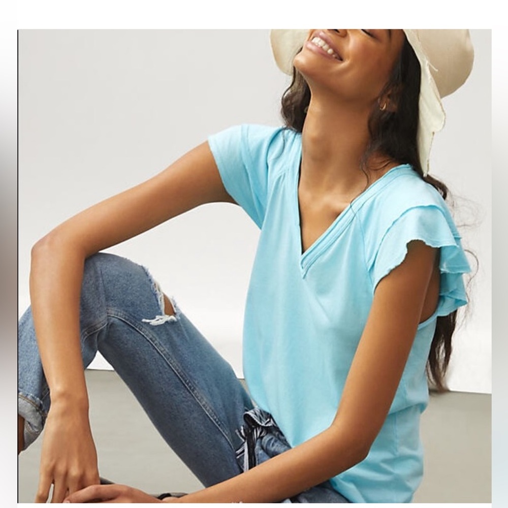Maeve by Anthropologie Caite Ruffle Sky Blue Tee Women’s Size XS